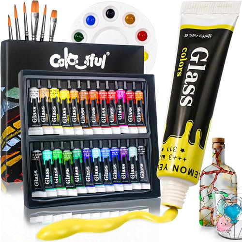 COLORFUL Glass Paint Set with 6 Nylon Brushes, 1 Palette, 24 Colors Waterproof Acrylic Glaze for Kids to Create Art on Clear Wine Glasses, Bulbs, Porcelain, Windows and Ceramics