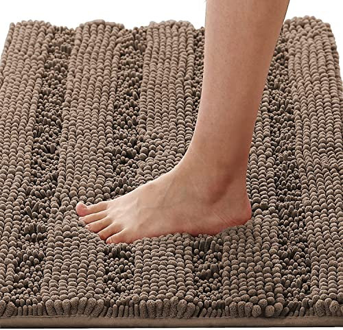 LINFKY Badematte rutschfest Luxus Chenille Gestreifte Badezimmerteppich Extra weiche und saugfähige Mikrofaser Hochflor Teppiche Schnelltrocknende Badvorleger Waschbar (Taupebraun,60 x 90 cm)