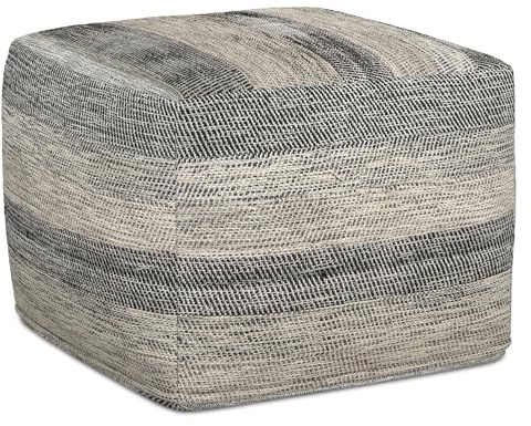 Pemberly Row Boho Square Pouf Ottoman, Small Hand Knitted Hassock Footrest for Living Room, Cotton Woven Bean Bag Foot Stool for Couch, Light and Dark Gray Cloth Puff Chair for Floor, 18x18x14