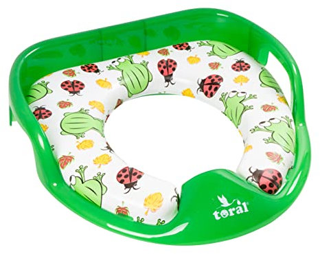 Asiento Reductor Acolchado con Asas para WC. Ayuda al aprendizaje de bebés y niños. Adaptador infantil portátil para váter MundiBebé +18 meses. Modelo Ranas