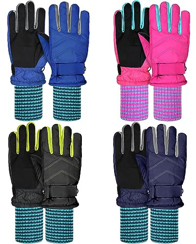 Yaomiao 4 Pairs Kids Winter Long Gloves Waterproof Children Long Cuff Snow Mittens Windproof Ski Gloves for Outdoor(4-6 Years,Royal Blue, Rosy, Black, Dark Blue)