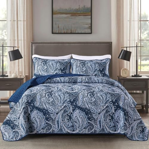 DJY Navy Paisley Quilt Set King Boho Bedspread Coverlet Set 3 Pieces, Soft Lightweight Microfiber Navy Blue Paisley Floral Pattern Bedding for All Season, 110x90