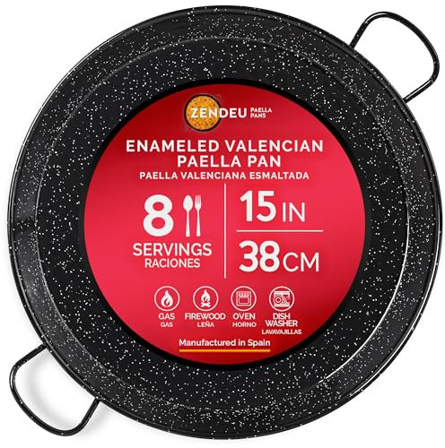 ZENDEU Paella Pan from Spain – Authentic Enameled Carbon Steel Paella Pan, Large 15 inch (38 cm) | Traditional Paellera Made in Spain – Durable Enameled Paella Pans for 8 Servings