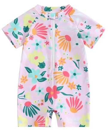 Geagodelia Baby Girls Cute Floral Print One Piece Swimsuit Summer Short Sleeve Zipper Bathing Suits Infant Short Rash Guard (Pink, 6-12 Months)