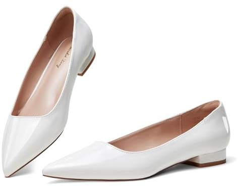 Zhabtuc Ballerine Donna Scarpe Basse a Punta Eleganti Scarpe Decolte Tacco Basso Slip-on Ballet Flats, Vernice Bianca, 41 EU