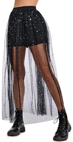 JasGood Jupe en tulle transparente 2 en 1 pour femme - Jupe en maille noire avec short - Taille haute - Jupe irrégulière cintrée pour fête et club
