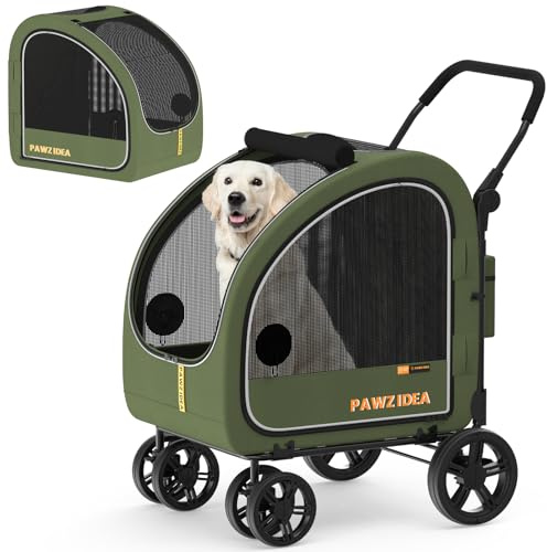 PAWZIDEA 3-in-1 Dog Stroller for Large Dogs with Detachable Carrier, 45% Extra Tall Dog Car Crate up to 100lb Sit Upright, Foldable Pet Stroller for 2 Medium Dogs All-Terrain Jogger, Adjustable Handle