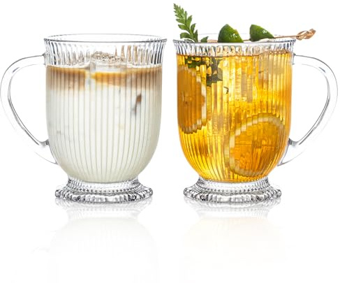 KEMORELA Ribbed Glass Coffee Mug Set, 16oz Clear Glass Mugs with Handle, Coffee Bar Accessories, Durable Drinkware for Hot Beverages, Set of 2 Coffee Mugs