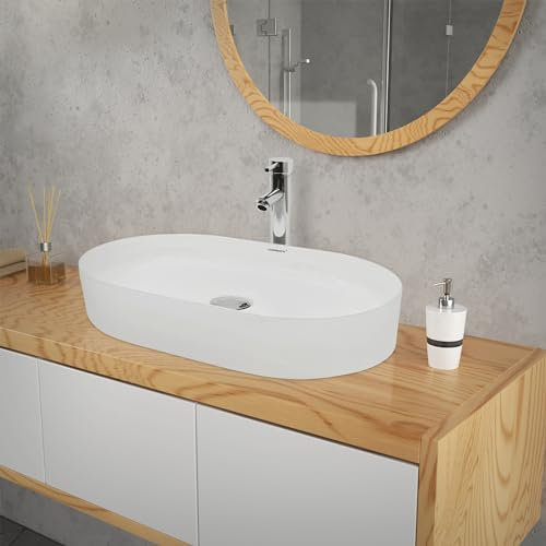 LuxeBath Waschbecken Keramik 605 x 380 x 145 mm oval, Weiß, Aufsatzwaschbecken für Badezimmer und Gäste-WC, Aufsatzbecken im modernen Design, Waschtisch Waschschale Waschplatz Handwaschbecken Becken