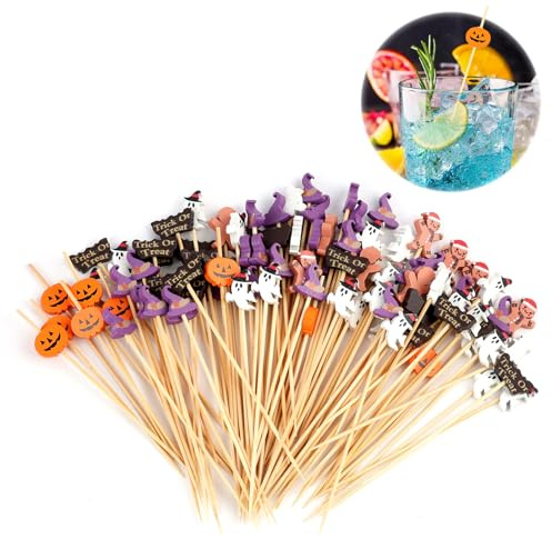 100 palillos de dientes de Halloween, pinchos de madera para decoración de cócteles, brochetas de bambú, para fiestas con calabaza, murciélago araña, fantasma, brochetas de cóctel de Halloween para