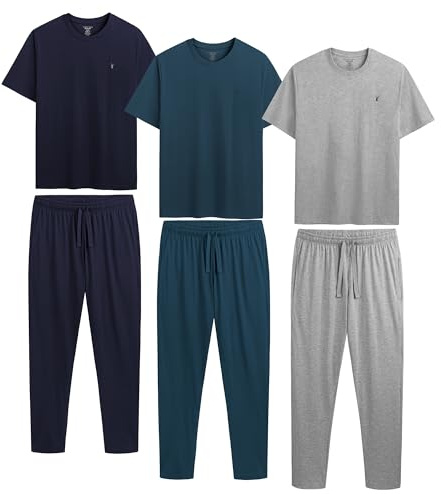 The Essentials Wardrobe 3PK Mens Short Sleeved Long Pyjamas Set - Blue/Grey - Medium