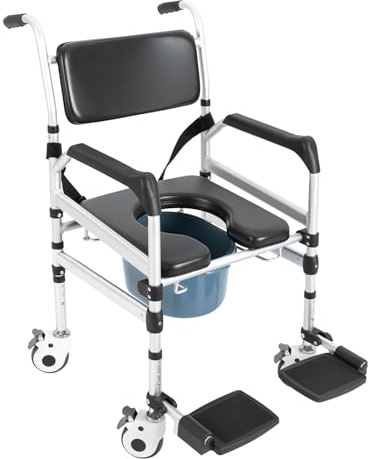 Silla de Ducha con Ruedas, 48 – 54 cm de Altura, Plegable, Capacidad de Carga de 100 kg, para Personas Mayores, Silla de Ruedas a Prueba de caídas con Inodoro, Cubo extraíble (Modelo 1)