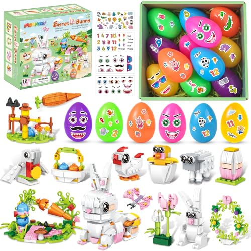 MOONTOY 12-i-2 Påsk Byggklossar Set, Påskhare Kyckling & Får, 12 DIY Förfyllda Påskägg med 4 Klistermärken, Påskpresenter för Barn, Påskkorgsfyllning för Pojkar Flickor 6 7 8 9+
