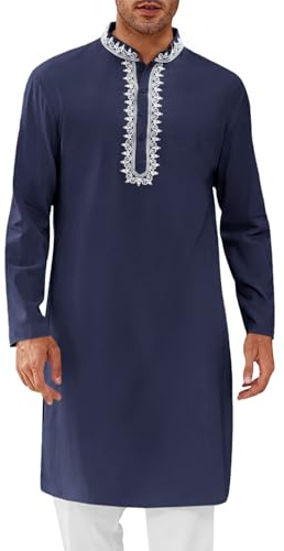 Runcati Mens Kaftan Thobe Cotton Henley Shirt Long Sleeve Embroidery Robe Casual Kurta Muslim Gown Shirt Navy