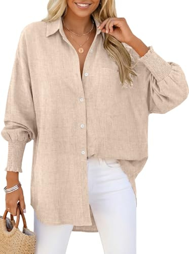 TARSE Women Linen Shirt Smocked Cuffed Casual Collar Long Sleeve Oversized Button Down Blouse Tops Boyfriend Shirt(HeatherLightKhaki,XXL)