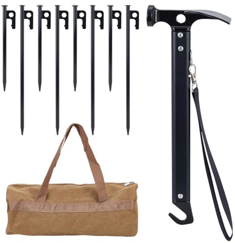 GOMAKERER Estaca y martillo para tienda de campaña con bolsa de almacenamiento de lona, 16 estacas de acero forjado resistente de 7.8/11.7 pulgadas, martillo de camping de 10 pulgadas con 1 bolsa de