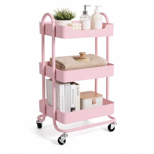 Levede 3 Tier Pink Trolley, Metal Storage Trolley Pink with 4 Wheels – Rolling Steel Utility Cart & Shelf Organiser for Kitchen, Bathroom, Office