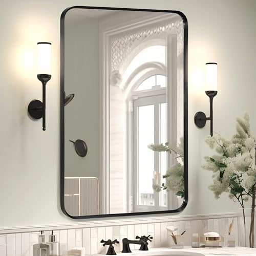 Minuover Wall Mount Mirror for Bathroom, Brush Black Metal Framed Rounded Corner Rectangular Vanity Mirror (20 x 30, Black)