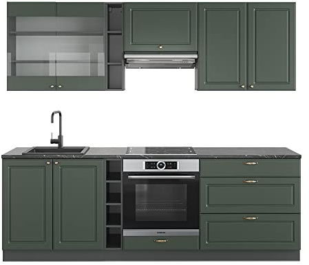 Vicco Küchenzeile Fame-Line, Grün-Gold Landhaus/Anthrazit, 235 cm ohne Arbeitsplatte, geeignet zur individuellen Erweiterung mit Zusatzmodulen