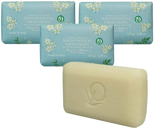 Virsus 3 Saponette Naturali Profumate 150 gr, Vegan senza prodotti chimici, sapone solido pasta base Naturale, per mani e corpo, profuma la pelle (Muschio Bianco)