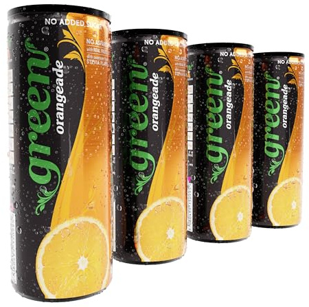 Green Orangeade - Low Calorie Soft Drinks - Sparkling Orange Flavour with 20% Natural Juice - No Added Sugar, Sweetened with Stevia, No Aspartame - Alternative Fizzy Drink - Pack of 4 Cans x 330ml