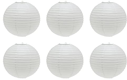 Pack of 6 Round White Paper Light Shade Lantern | Classic Bamboo Style Ribbed Paper Lampshade | Hanging Circle Ceiling Lightshade