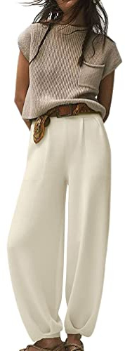 Minetom Tuta da Ginnastica Donna Maglione Maglia Manica Corta Casual Top e Pantaloni Set di Maglioni 2 Pezzi Completi A Bianco S