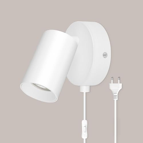 TaFiCo Wandleuchte mit Schalter Innen GU10 - Wandlampe mit Schalter und Stecker Weiß Wandstrahler Vintage Wandspot Drehbare 350° für Wohnzimmer Schlafzimmer Korridor Ohne Leuchtmittel