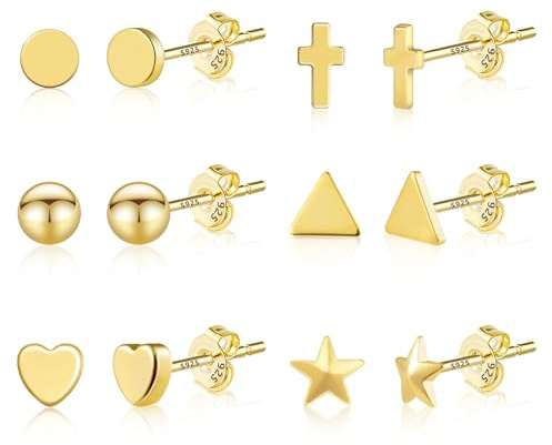 ASH'S CHOICE Pendientes Mujer Oro 14K Geometrías Mixtas Poste Juego 6 Pares