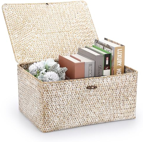 Hipiwe Wicker Woven Baskets Bin with Lid Natural Seagrass Basket Storage Bin Rectangular Household Basket for Shelf Wardrobe Home Decor, Whitewash, X-Large