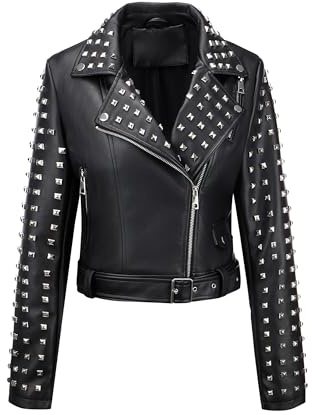 Bellivera Women's Faux Leather Jacket Studded Rivet Casual Short Motorcycle Biker Coat with Belt 3221 Black M