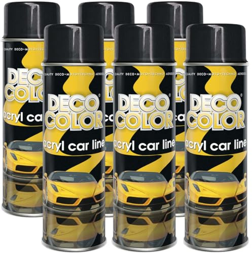 DECO COLOR 6er Sparpack ACRYL CAR LINE SCHWARZ GLANZ RAL 9005 in 500ml - Lackspray für z.B. KFZ, Auto, Motorrad, Alufelgen, Stahlfelgen (6 Dosen 500ml Schwarz GLANZ)
