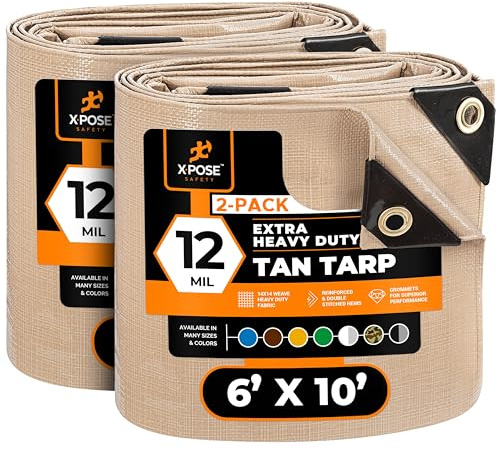 Heavy Duty Tan Poly Tarp 6' X 10' (2-Pack) - Multipurpose Protective Cover - Durable, Waterproof, Weather Proof, Rip and Tear Resistant - Extra Thick 12 Mil Polyethylene - by Xpose Safety