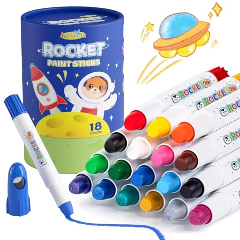 JUPITEARTH 18 Colors Rocket Tempera Paint Sticks with 120 PDF Coloring Pages, Quick Drying, Non-Toxic and Washable Paint Sticks for Kids and Students, Art Supplies for Drawing on Paper and Canvas