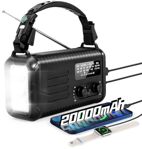 Radio meteorologica di emergenza, 20000 mAh, radio a manovella con AM/FM/NOAA, radio portatili con torcia elettrica e lampada da lettura, jack per auricolari, allarme SOS, caricabatterie per telefono