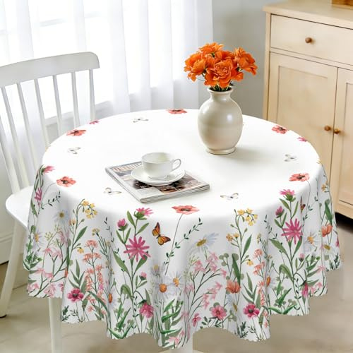 iEvery Spring Summer Floral Round Tablecloth Wipe Clean 150cm, Wipeable Table Cloth Circular Waterproof Polyester Table Cover for Dinning Kitchen Garden Patio Outdoor Home Decoration