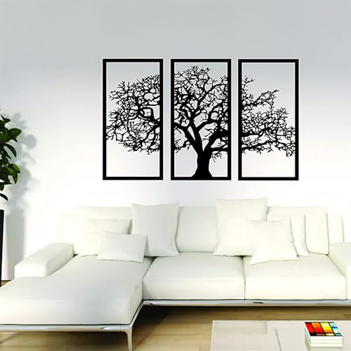 Genérico Árbol de la Vida de Metal, 3 Paneles Decoración de Pared con árbol de la Vida,Arte de Pared de Metal Negro 3D Moderna Cuadros Decoracion para Hogar Oficina Dormitorio Salón