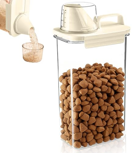 ECVUKQ Dog Food Storage Container, 2300ML Pet Food Storage Container Airtight Dogs Treat Jar Leakproof Cat Treat Dog Biscuit Bin with Measuring Cup and Pour Spout (Beige)