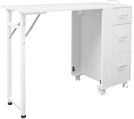 LENDISIY Carro de cosméticos con mesa, maletín de maquillaje con ruedas, maletín de peluquería, mesa de uñas, tocador, maletín de maquillaje, 3 cajones, para técnicos domésticos, spa, salón de belleza