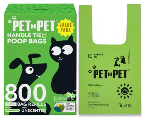 Pet N Pet 800 Counts Unscented Dog Poop Bags Rolls with Tie Handles, 41% Plant Based & 59% PE Poop Bags for Dogs, Extra-Thick Doggie Poo Bag, Pet Waste Bag