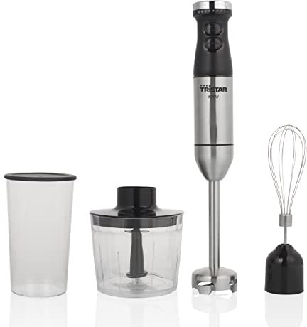 Tristar Stabmixer – Stufenlose Geschwindigkeitsregelung, 800 Watt, 700 ml Messbecher, 4 Edelstahlklingen, Zerkleinerer, Schneebesen Turbo-Funktion, MX-4839, Silber, Schwarz
