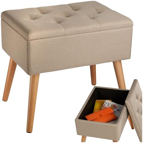 TecTake® Banc de Rangement Pliable Bout de lit Aspect Lin Pieds en Bois Banc Entree Pouf Chambre Dressing Chambre Adulte Repose Pied Tabouret Coiffeuse Meuble Salon Maison Coffre a Jouet