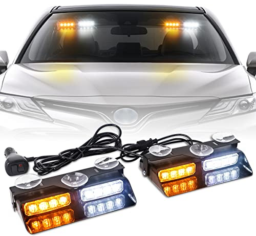XRIDONSEN 2 in 1 Emergency Dash Strobe Lights Interior Windshield Lights Amber White Warning Hazard Safety Flashing w/Suction Cups for Construction Vehicles, Trucks Car (2×7.16 inch, 16 LED)