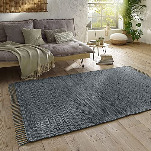 Taracarpet Handwebteppich Läufer Fleckerl Teppich Uni waschbar aus Baumwolle für Wohnzimmer und Küchenteppich 160x230 cm anthrazit