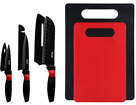 hecef 5 PCS Knife Set with 3 Kitchen Knives & 2 Chopping Boards Non-Stick Black Knife Set with Sharpener Cover, Cutting Boards and Chef Knives for Slicing & Dicing