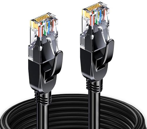 Elfcam® - 40 Meter Ethernet Kabel Cat 7 Rund, LAN Kabel mit Vergoldetem RJ45 Stecker, Netzwerkkabel 100% Kupfer Starres Verlegekabel, SFTP, 28 AWG, Schwarz, 40m