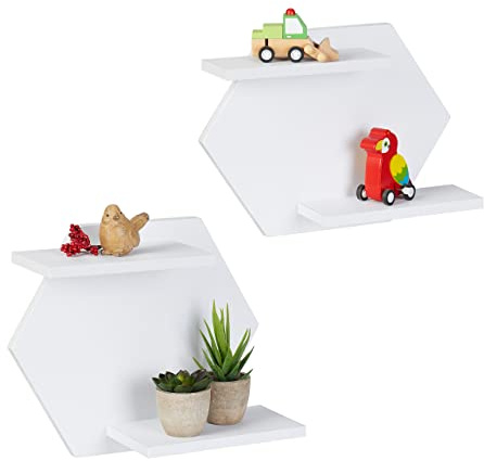 Relaxdays Vägghylla set om 2, sexkantiga, 2 hyllor vardera, liten och stor hängande hylla, hexagonhylla för väggen, vit