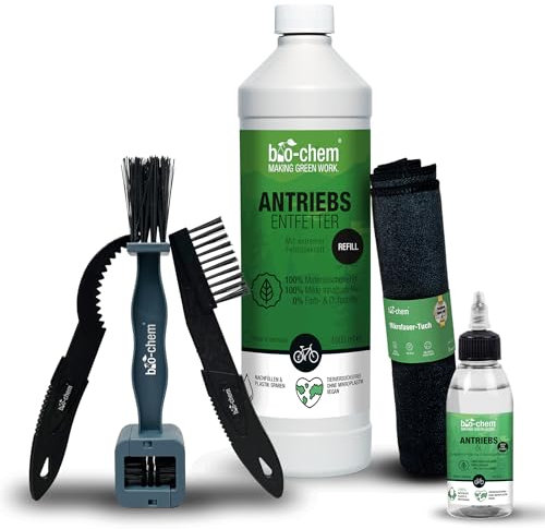 bio-chem Fahrrad Reinigungsset PROFI 6-teilig - Effektives & materialschonendes Pflegeset: 1x Antriebsentfetter 1000 ml + 1x Antriebsöl 100 ml + 1x Mikrofasertuch + 3x Reinigungsbürste