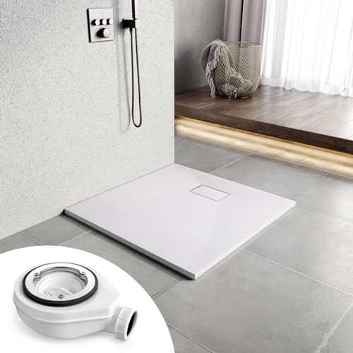 Heilmetz Duschwanne mit Siphon 80x80cm Flach Duschtasse Höhe 2.6 cm SMC Brausewanne Steinoptik Antirutsch Duschtasse mit Ø 90mm Ablaufgarnitur -Weiß