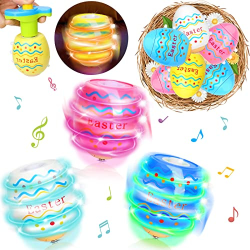 Set di 6 Trottoline Luminose a Forma di Uova di Pasqua, Giroscopio con Luci LED e Musica, Giochi Magici UFO Fidget Ball, Kit Riempitivo per la Caccia alle Uova, Regali per Bambini 3-12+